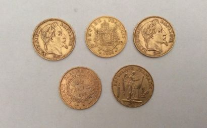 null RÉUNION DE CINQ PIÈCES
. Trois pièces de 20 francs
Or, Napoléon III tête laurée...