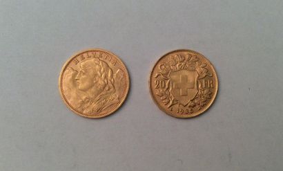 null RÉUNION DE DEUX PIÈCES
20 francs Suisse.
Or, 1935.
Poids: 12,91 g.

vendus sur...