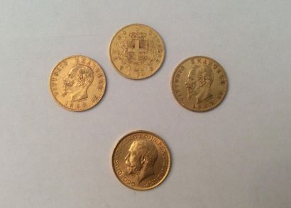null RÉUNION DE QUATRE PIÈCES 
. Trois pièces de 20 lires
Or, Victor Emanuel II (Vittorio
Emanuele...