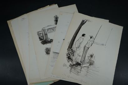 null Réunion de dix dessins signés TETSU (1913-2008) à l'encre et lavis sur papier,...