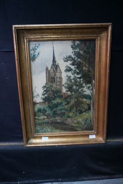 null Maurice MOURLOT (1906-1983), Paysage au clocher, huile sur toile signée en bas...