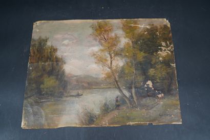 null S. GIMON ( XIXème), Bord de rivière, huile sur toile signée en bas à droite....