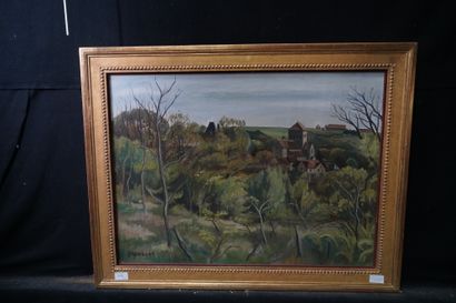 null Maurice MOURLOT (1906-1983), Paysage de forêt et village, huile sur panneau...