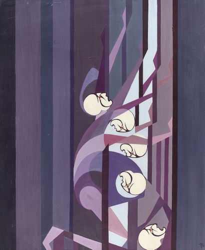 马塞尔-马索(1923-2007) 
哑剧的五个头，1980年 
纸板上的水粉画，右下角有图案。...