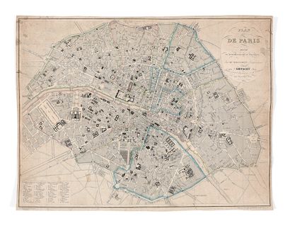 null SIMENCOURT（德）。巴黎地图，分为各区和教区。巴黎，Goetschy Ainé，1834年。雕版画与水彩高光标示出各区的边界。

39,5 x...