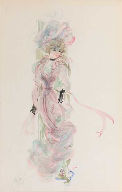 胡塔斯（20世纪 
1900年世界博览会上的优雅女人 
纸上水彩和墨画，左下角有签名。...