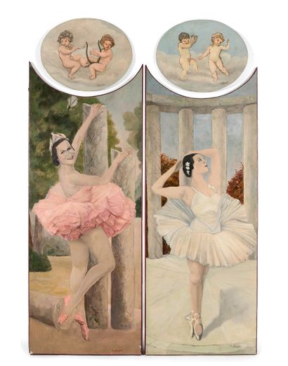 null 路易斯-法斯杰尔（20世纪

卡门歌剧院小酒馆 "的内部装饰

- 舞蹈演员

两幅油画挂图，上面有弧度。

右下方有签名。

164 x 63 cm。

-...