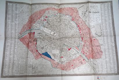 null HÉRISSON.巴黎市12个区和48个区的规划，包括迄今为止进行的所有变化和预测。巴黎，让，1834年。带有红色、蓝色和绿色水彩画亮点的版画。

绿色，标志着首都在城墙外的扩大。

的fermiers...