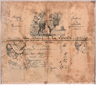 null 罕见的手写发票 "le boeuf à la mode "餐厅的发票

纸上水墨，详细记录了 "7号内阁，1817年4月12日 "的消费。

"鳗鱼鞑靼，松露鹧鸪，桃子和葡萄，酥皮，香草冰激凌，gravely...
