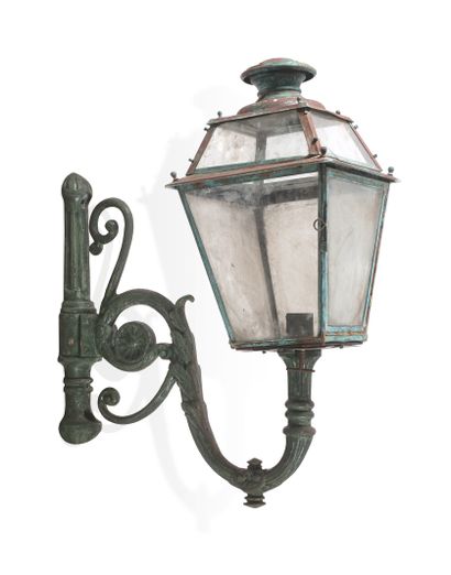 PAIR OF PARISIAN STREET LANTERNS IN SCONCES 
Iron painted in green, of splayed form,...
