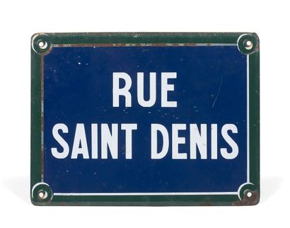 null 巴黎圣德尼街的铭牌

搪瓷金属板，长方形，印有蓝底白字的 "RUE SAINT-DENIS "字样，框架为绿色。

19世纪。

30.5 x 39....