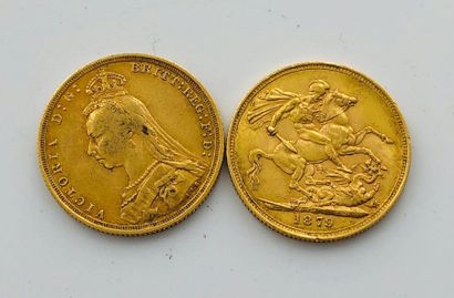 null Deux souverains or, reine Victoria jeune et voile, 1879 et 1889. Poids total:...