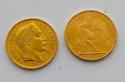 null Deux pièces de 20 francs or, 1866 et 1908. Poids total: 12,88g.
