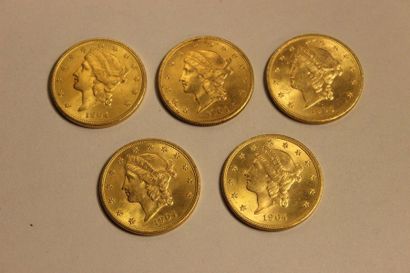 null Réunion de cinq pièces en or de 20 dollars américains 1904. Poids total: 167,12...