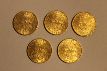 null Réunion de cinq pièces en or de 20 dollars américains 1904. Poids total: 167,12...