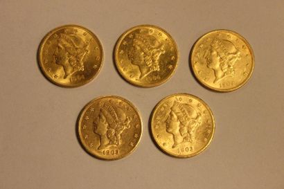 null A combination of five 20 US dollar gold coins, three 1904 and two 1903. Total...