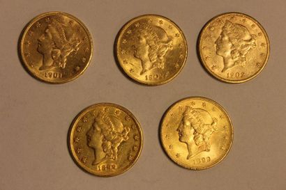 null Réunion de cinq pièces en or de 20 dollars américains dont deux de 1899, une...