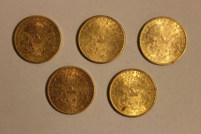 null A combination of five 20 US dollar gold coins, one from 1897, one from 1898...