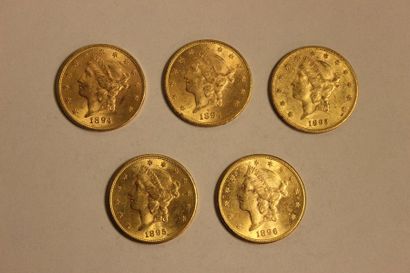 null A collection of five 20-dollar gold coins, one from 1893, two from 1894, one...