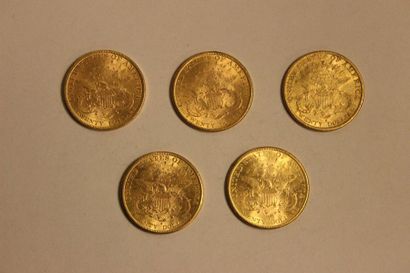 null A collection of five 20-dollar gold coins, one from 1893, two from 1894, one...