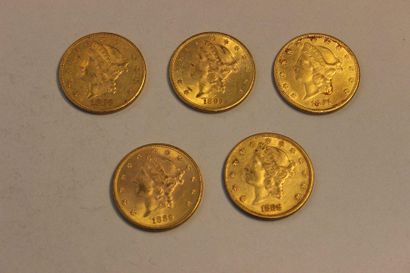 null Réunion de cinq pièces en or de 20 dollars américains dont une de 1883, une...
