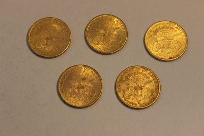 null Réunion de cinq pièces en or de 20 dollars américains dont une de 1883, une...