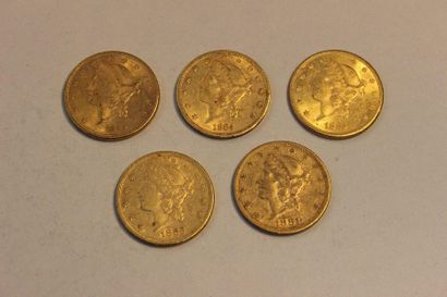  A collection of five 20-dollar gold coins, one from 1881, one from 1883, two from...