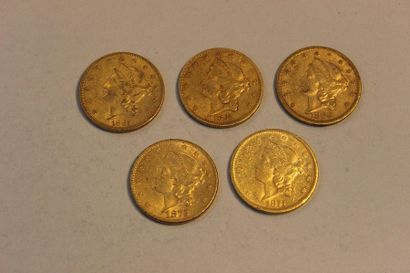 null Réunion de cinq pièces en or de 20 dollars américains dont: deux de 1861, une...