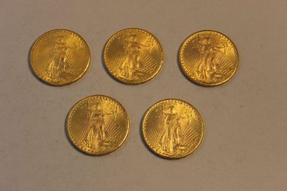 null A collection of five 20-dollar gold coins, four of which were issued in 1927...