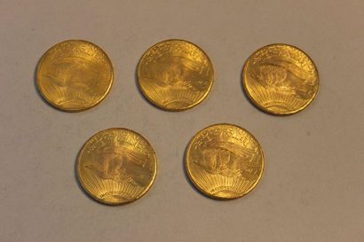 null A collection of five 20-dollar gold coins, four of which were issued in 1927...