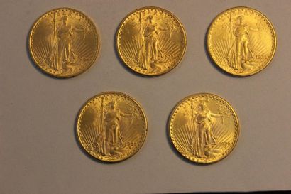 null Réunion de cinq pièces en or de 20 dollars américains dont une de 1924, trois...