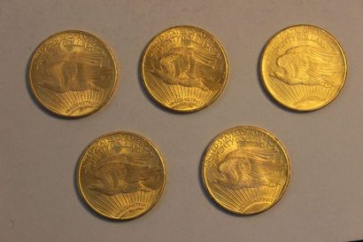 null Réunion de cinq pièces en or de 20 dollars américains dont une de 1924, trois...