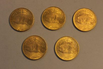 null Réunion de cinq pièces en or de 20 dollars américains de 1924. Poids total:...