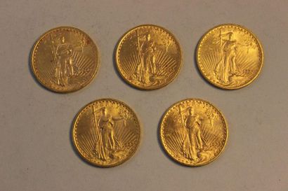 null Réunion de cinq pièces en or de 20 dollars américains dont trois de 1922 et...