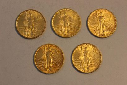 null A collection of five 20-dollar gold coins, two of which are from 1908, one from...