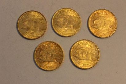 null A collection of five 20-dollar gold coins, two of which are from 1908, one from...