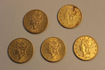 null Réunion de cinq pièces en or de 20 dollars américains dont une de 1877, une...