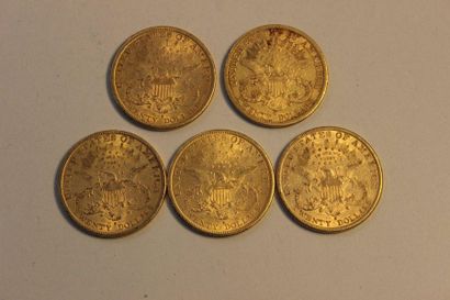 null A combination of five 20-dollar gold coins, one from 1877, one from 1881, one...