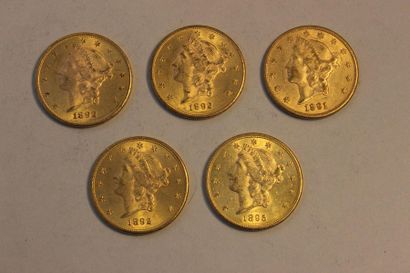 null A collection of five 20-dollar gold coins, one from 1891, three from 1892 and...