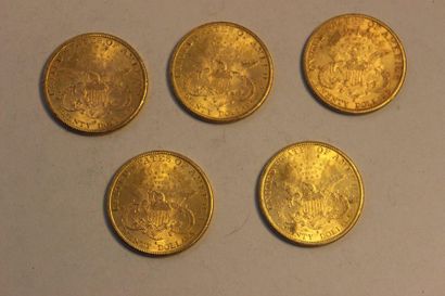 null Réunion de cinq pièces en or de 20 dollars américains dont une de 1891, trois...