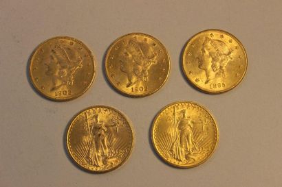null Réunion de cinq pièces en or de 20 dollars américains dont une de 1895, deux...