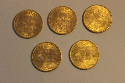 null A collection of five 20-dollar gold coins, one from 1895, two from 1902 and...