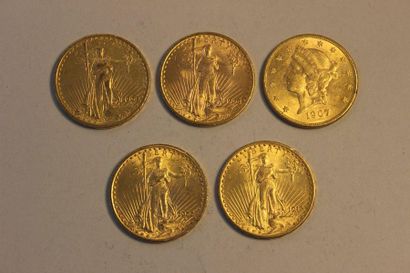 null A combination of five 20-dollar gold coins, one from 1907, one from 1908, one...