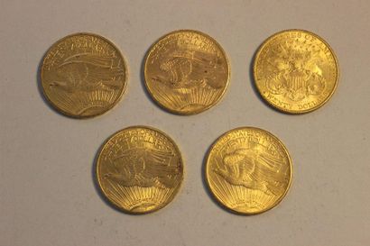 null A combination of five 20-dollar gold coins, one from 1907, one from 1908, one...