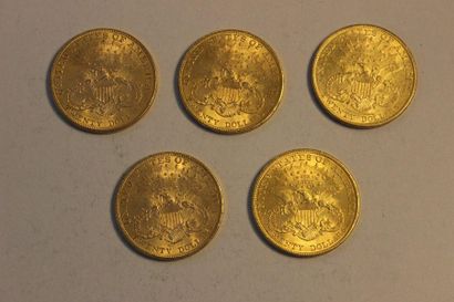 null Réunion de cinq pièces en or de 20 dollars américains de 1904. Poids total:...