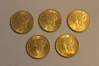 null A set of five 1904 US $20 gold coins. Total weight: 167.1 grams.