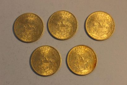 null Réunion de cinq pièces en or de 20 dollars américains de 1904. Poids total:...