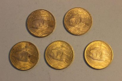 null Réunion de cinq pièces en or de 20 dollars américains dont une de 1923 et quatre...