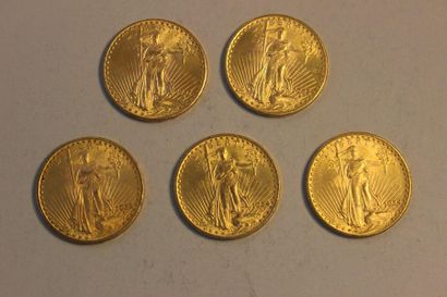 null Réunion de cinq pièces en or de 20 dollars américains dont deux de 1924, deux...