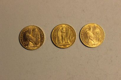 null Réunion de trois pièces de 20 francs or 1877, 1907 et 1911. Poids total: 19,37...